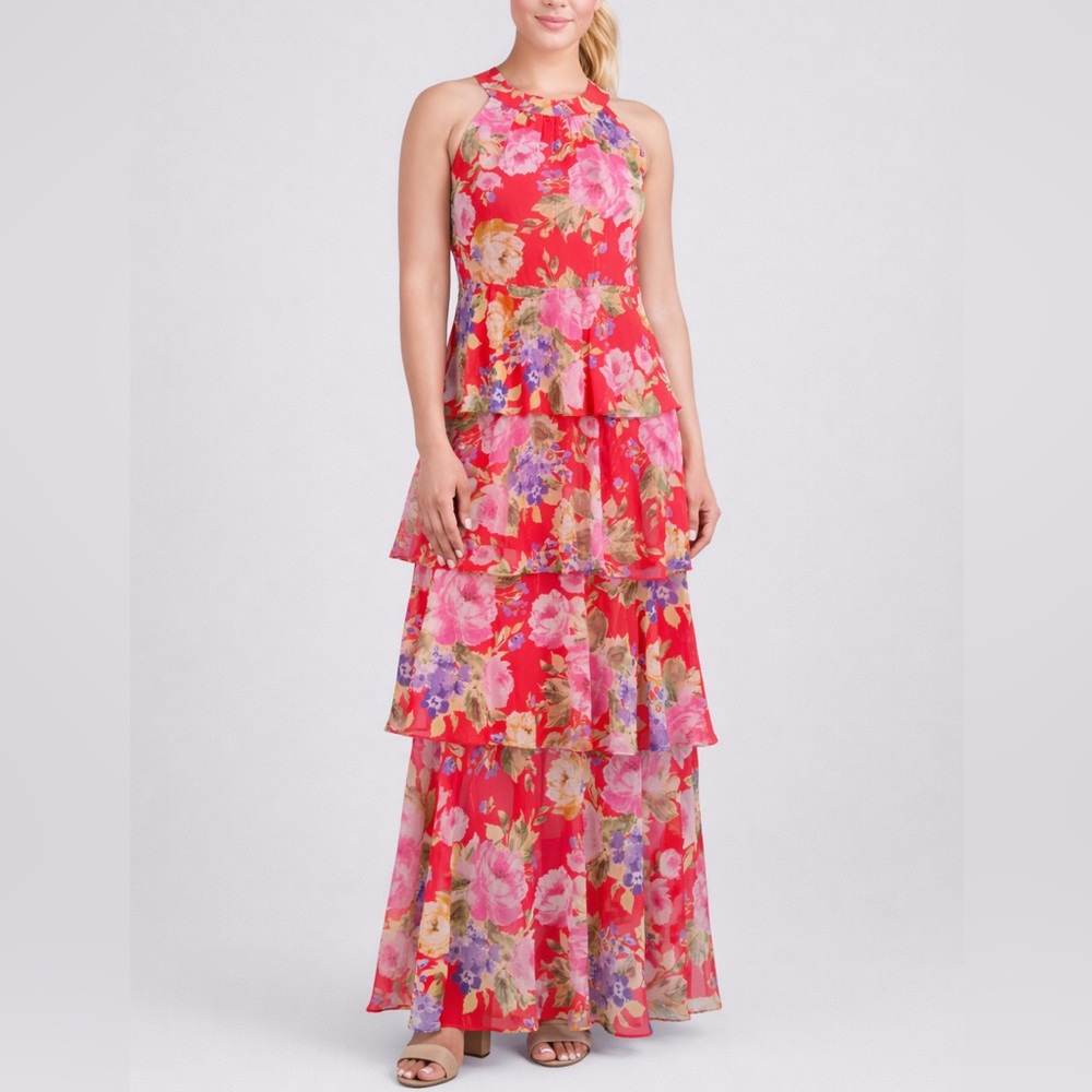🆕 Jessica Howard Floral Tiered Maxi Dress Size 14 Red Pink Formal Wedding Guest